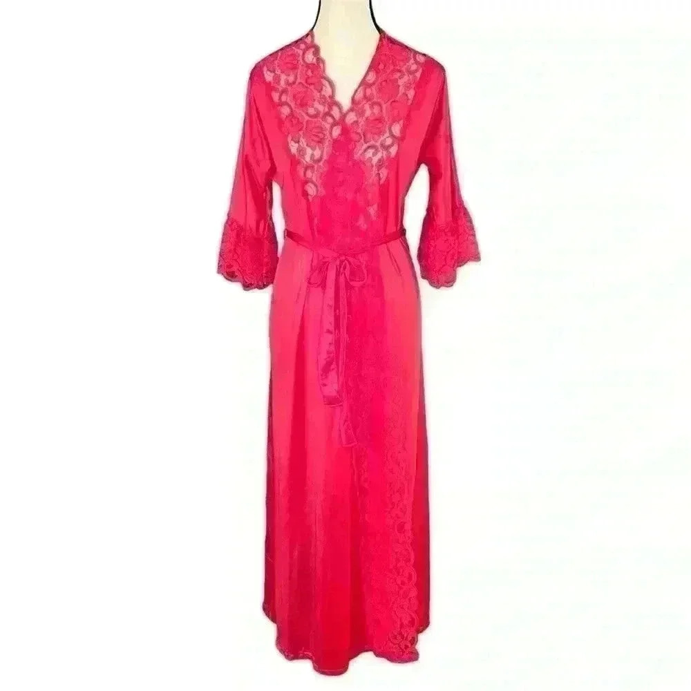 Vintage 70s Interludes Cira Hot Pink Robe Women’s Full length Size Medium Lace